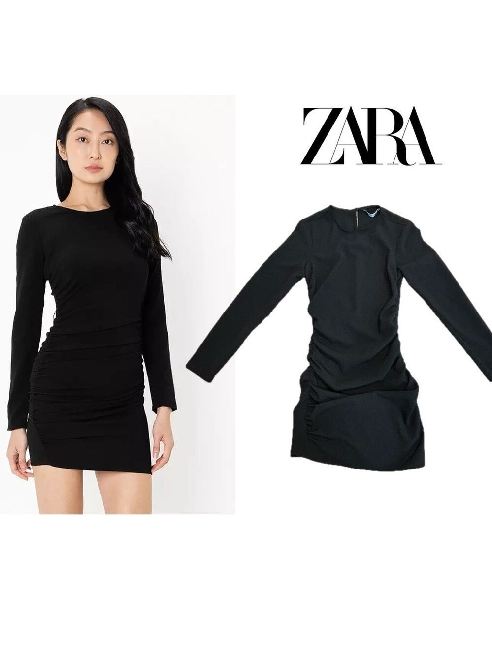 Zara Black ruched  stretchy long sleeve mini bodycon dress Sz S party Vegas